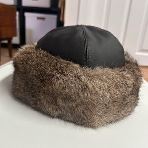 Brown Leather Hat with Faux Fur Trim
